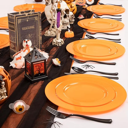 Set of 60 Heavy Duty Orange Plastic Plates Disposable for Halloween &amp; Thanksgiving Parties - Serves 30 Guests