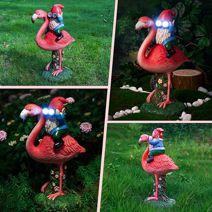 Solar Flamingo Gnome Garden Statue