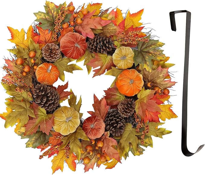 Extra Large 26 inch Autumn Wreath with Velvet Pumpkins, Natural Pine Cones, &amp; Maple Leaves - Metal Hook Included
