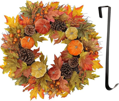 Extra Large 26 inch Autumn Wreath with Velvet Pumpkins, Natural Pine Cones, &amp; Maple Leaves - Metal Hook Included