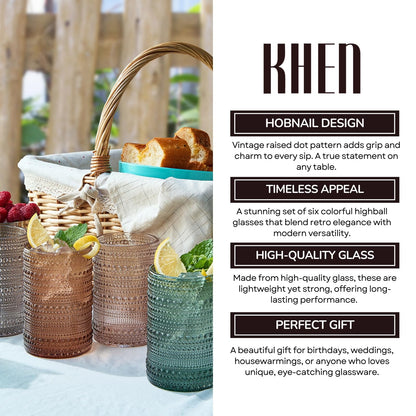 Khen Hobnail Drinking Glasses with Straws | Muted Colors | Set of 6