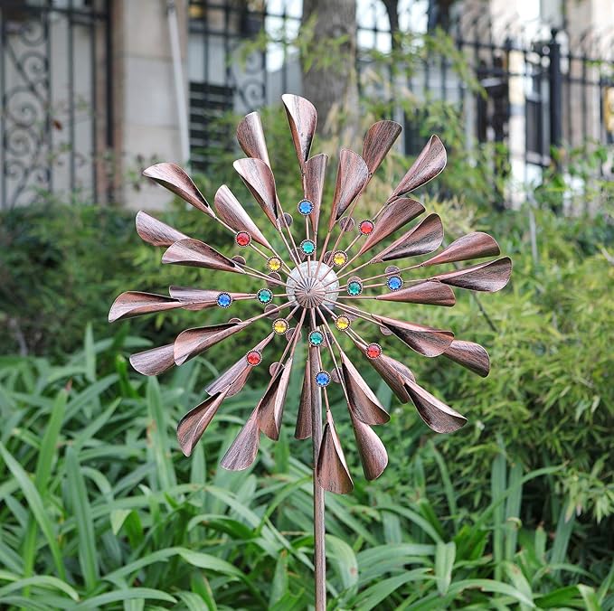 Large Copper Kinetic Wind Spinner - 79 inch with Solar LED Light