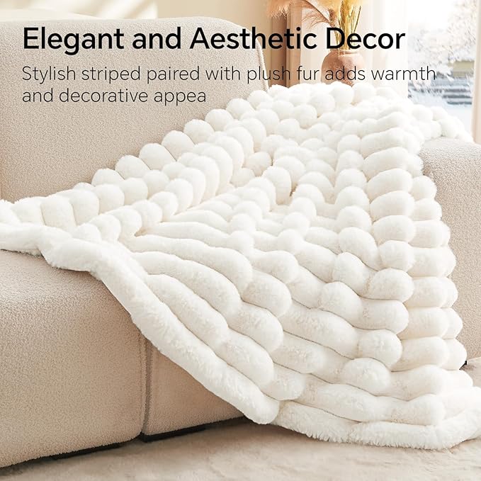 Super Soft and Cozy Faux Rabbit Fur Throw Blanket - Cream, 60 x 80 inch