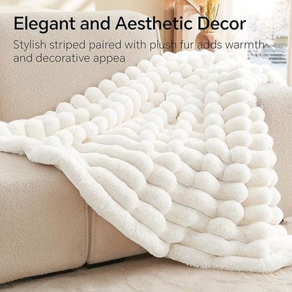 Super Soft and Cozy Faux Rabbit Fur Throw Blanket - Cream, 60 x 80 inch