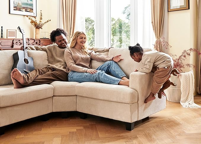 Nolany Sectional Couch with Storage Ottoman in Beige Corduroy