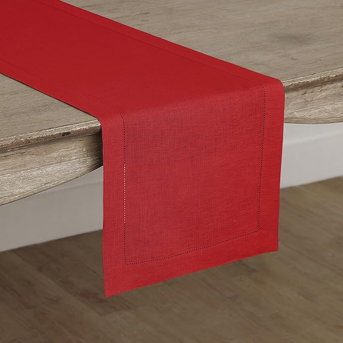 100% Pure Linen Hemstitch Table Runner 14 x 72 Inch - Classic Red