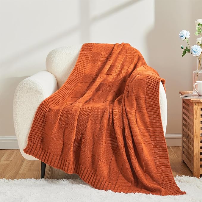 Rust/Orange Checkered Knit Throw Blanket - 50 X 60 inch