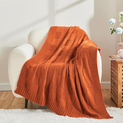 Rust/Orange Checkered Knit Throw Blanket - 50 X 60 inch