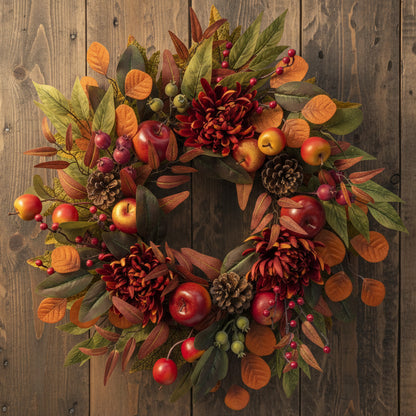 22 Inch Harvest Floral Wreath with Apples, Pinecones, Berries, Eucalyptus, Chrysanthemums and Maple Leaves