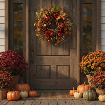 22 Inch Harvest Floral Wreath with Apples, Pinecones, Berries, Eucalyptus, Chrysanthemums and Maple Leaves