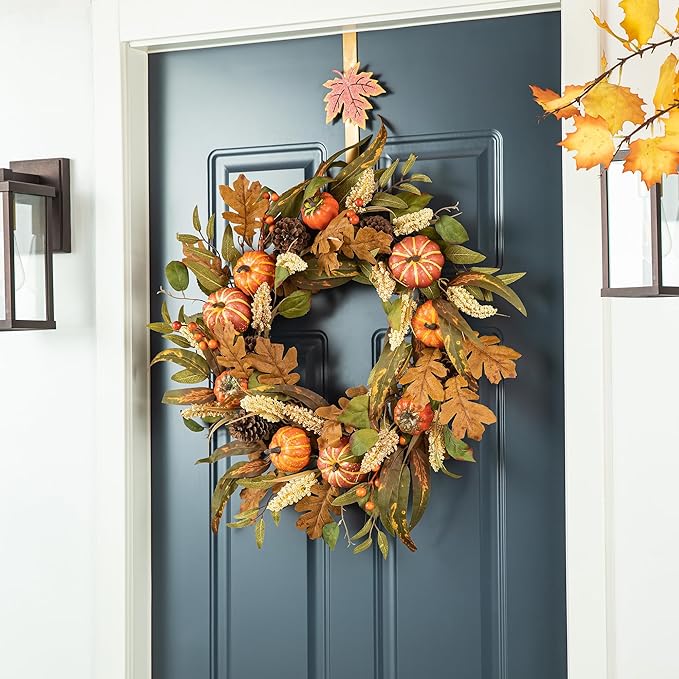 24 inch Fall Wreath with Orange Pumpkins, Natural Pinecones and Green/Brown Leaves
