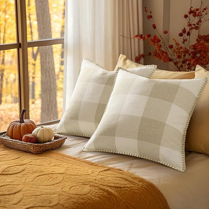Set of 2 Buffalo Plaid Check Fall Throw Pillow Covers - 24x24, Beige