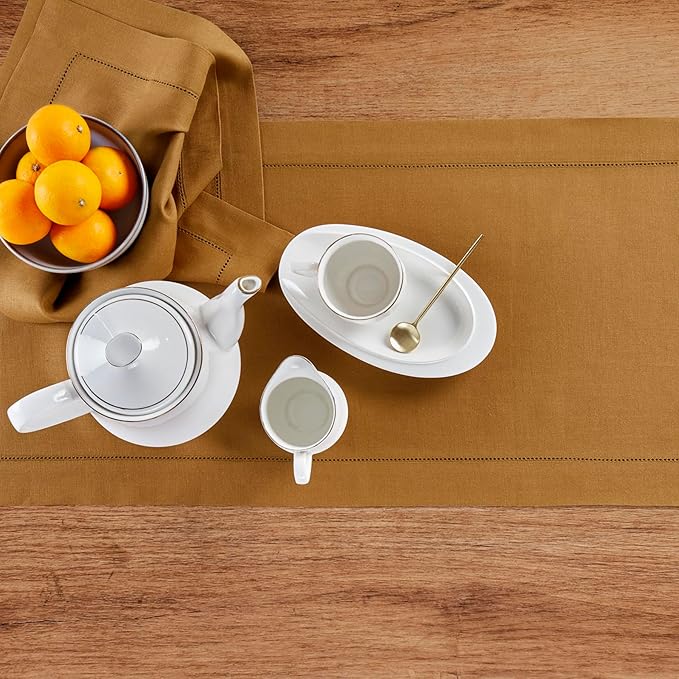 100% Pure Linen Hemstitch Table Runner in Brown Sugar - 14 x 36 Inch