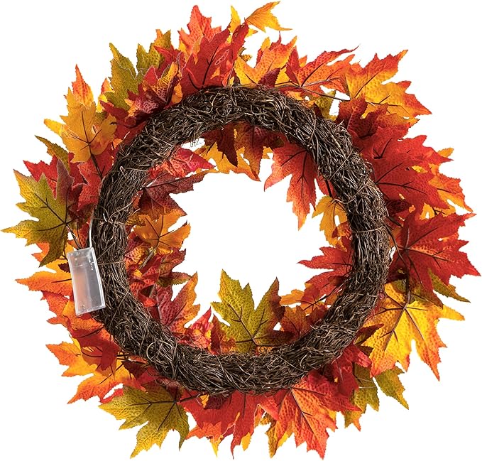 24 Inch Pre-lit Maple Leaf Wreath with Timer