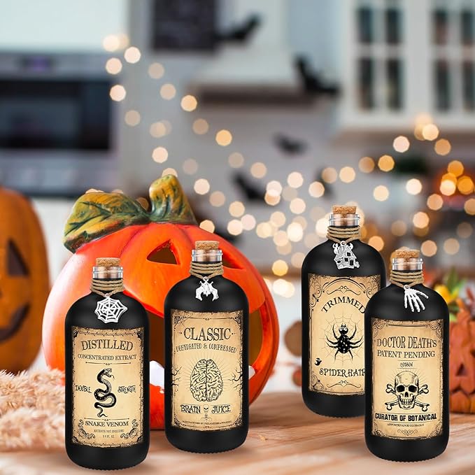 Set of 6 Halloween Potion Bottles - Black, 8.5 oz