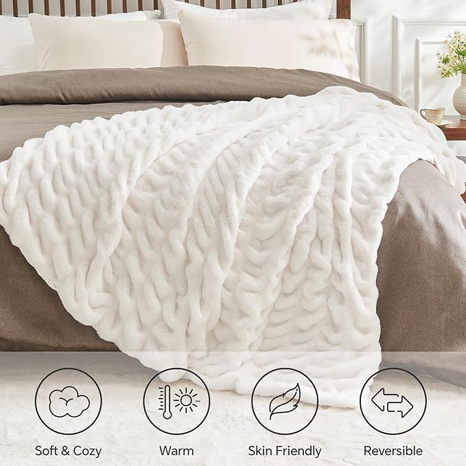 Soft and Cozy Ruched Faux Rabbit Fur Blanket - Cream, 50 x 60 inch
