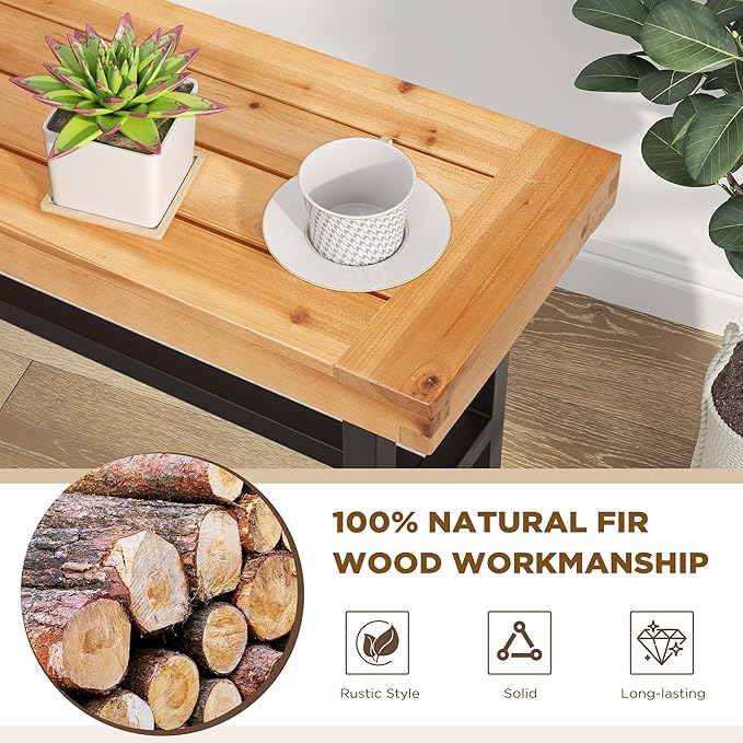 Set of 2 Indoor/Outdoor Benches - Natural Firwood with Black Metal Base