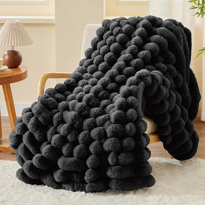 Thick Warm Plush Fuzzy Faux Rabbit Fur Blanket - Black, 50 x 60 inch
