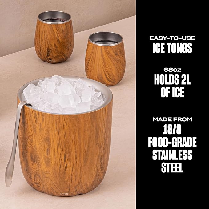 S’well Stainless Steel Ice Bucket with Tongs - 68oz Capacity, Teakwood Finish