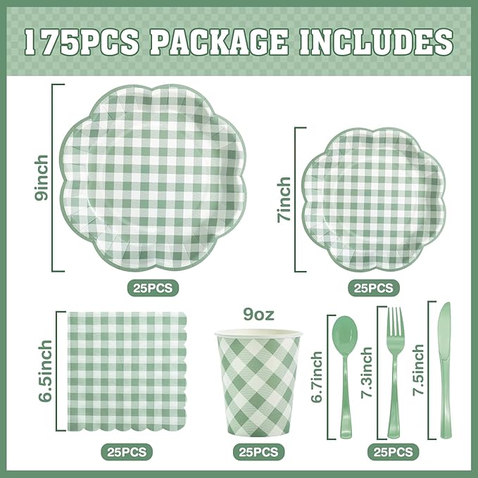175 Pcs Sage Green Gingham Party Supplies - Serve 25 Guests
