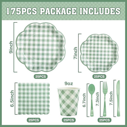 175 Pcs Sage Green Gingham Party Supplies - Serve 25 Guests