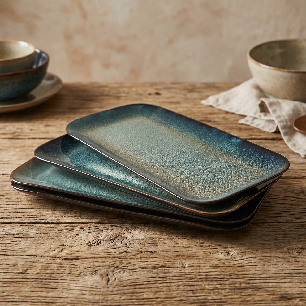 Set of 4 Rectangular Serving Platters - Blue reactive glaze, 12.7 Inch