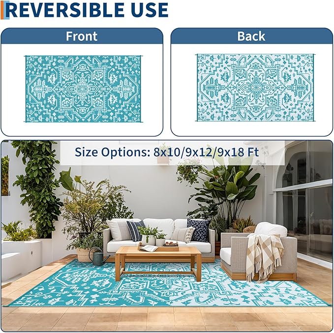 8x10 Reversible Outdoor Mat - Teal Blue/White