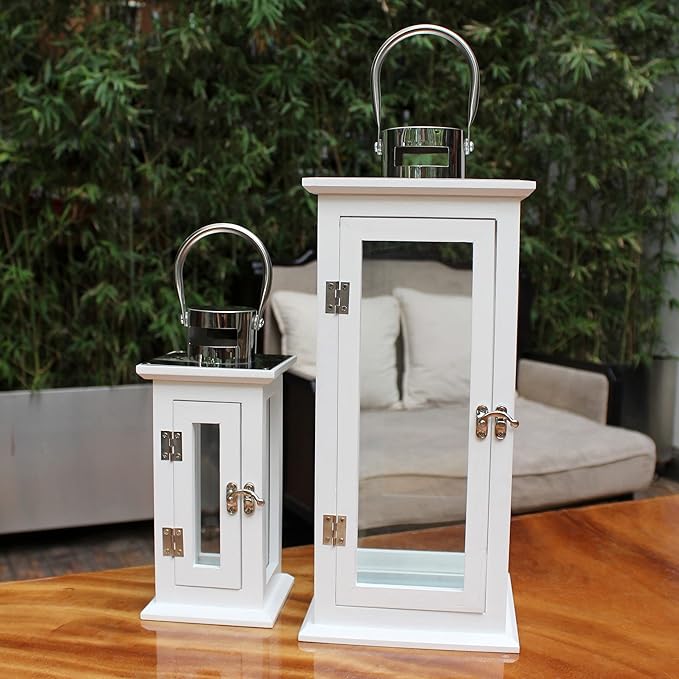Set of 2 Wood Hurricane Candle Lanterns in White