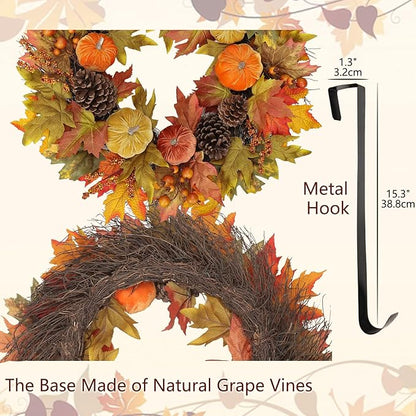 Extra Large 26 inch Autumn Wreath with Velvet Pumpkins, Natural Pine Cones, &amp; Maple Leaves - Metal Hook Included