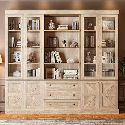 Tall Farmhouse Bookshelves with Glass Doors and Drawers, Set of 3 – Natural