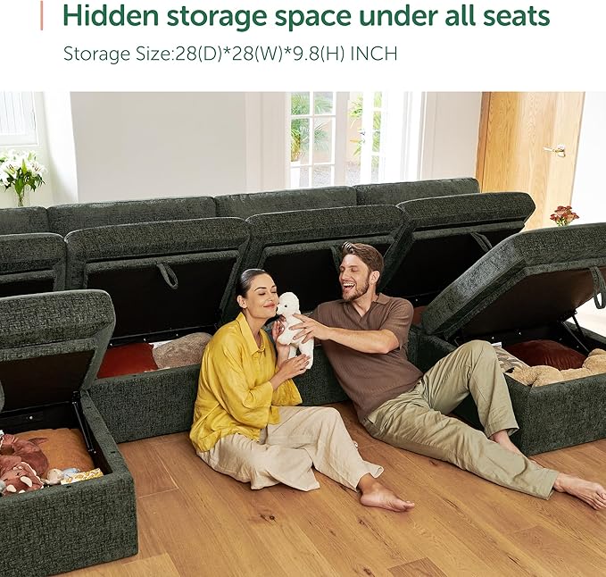 HONBAY Modular Sectional Sofa with Storage Seats - Green Chenille