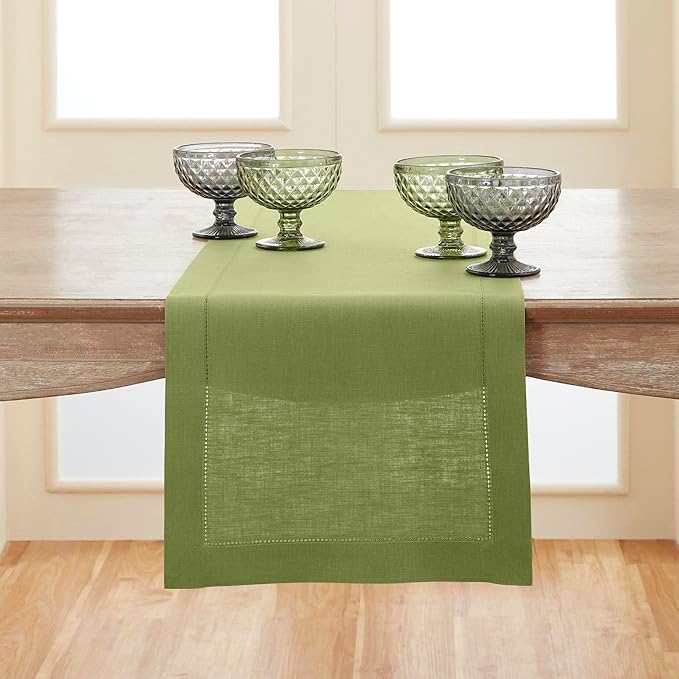 100% Pure Linen Hemstitch Table Runner 14 x 72 Inch - Moss Green
