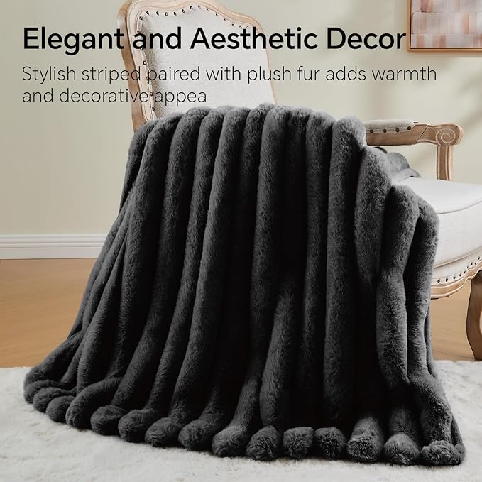 Thick Warm Plush Fuzzy Faux Rabbit Fur Blanket - Black, 50 x 60 inch