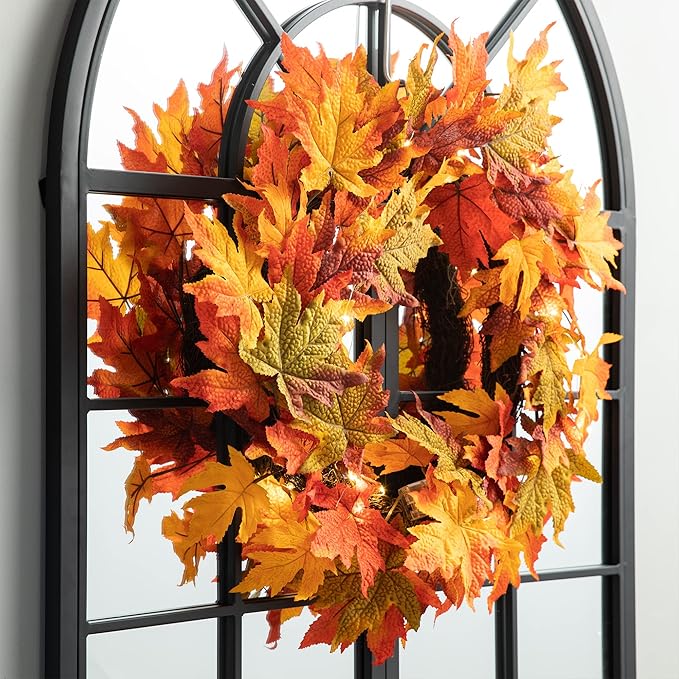 24 Inch Pre-lit Maple Leaf Wreath with Timer
