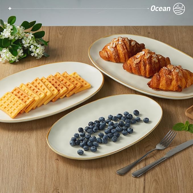Set of 3 Fine Ceramic Oval Serving Platters - Vanilla