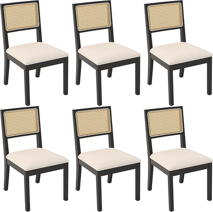 Black Rattan Dining Chairs with Upholstered Cushions - Set of 6