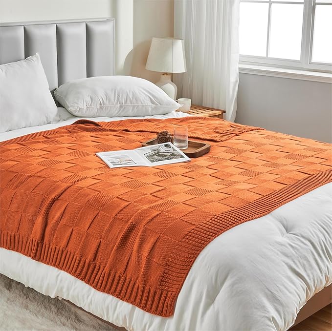 Rust/Orange Checkered Knit Throw Blanket - 50 X 60 inch