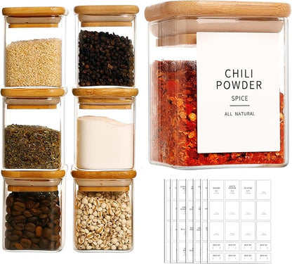 Set of 12 Square Glass Spice Jars with Airtight Bamboo Lids - 9oz