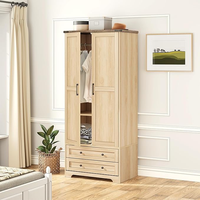 Wooden Armoire Wardrobe Closet - 71 inch, Natural Finish