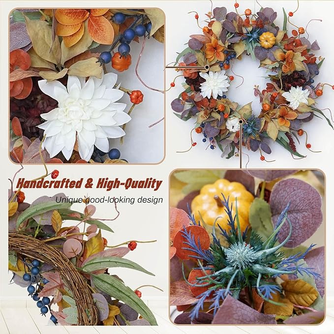 24 Inch Autumn Wreath with Pumpkins, Silk Leaves &amp; Purple Flowers