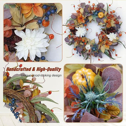 24 Inch Autumn Wreath with Pumpkins, Silk Leaves &amp; Purple Flowers