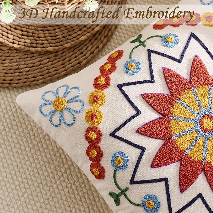 Red Floral Boho Embroidered Throw Pillow Cover - 18x18