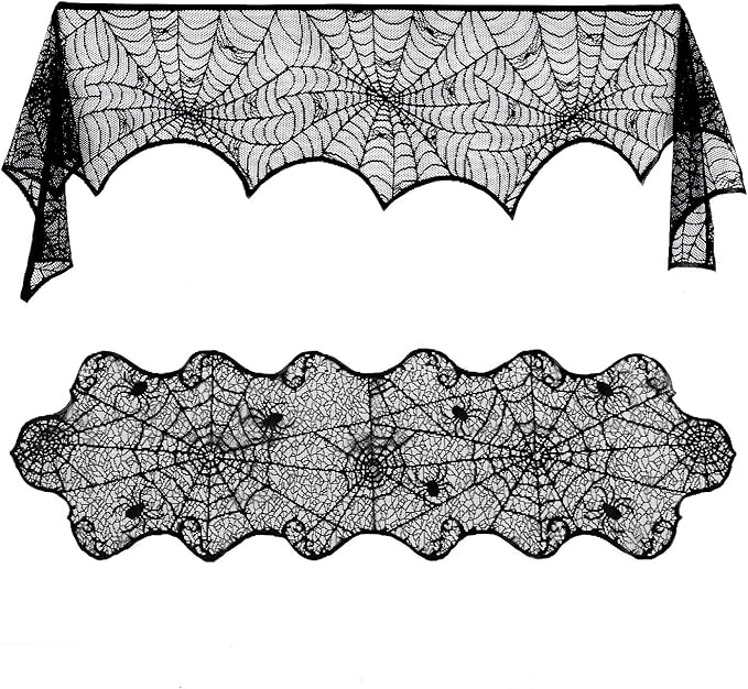 Black Spiderweb Lace Fireplace Mantle Scarf Cover/Table Cloth - 2 Piece Set