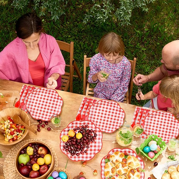 175 Pcs Red Gingham Plates and Napkins Party Supplies - Serve 25 Guests