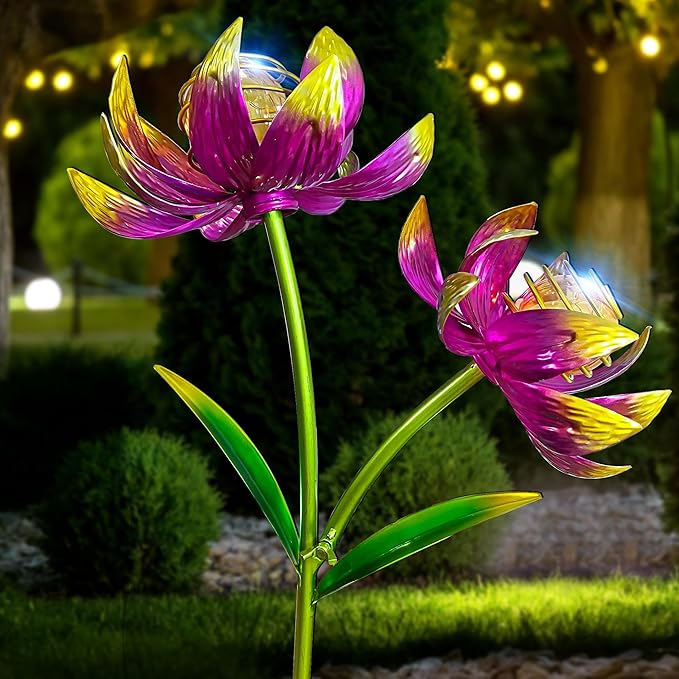 63 Inch Metal Wind Spinner with Lights - Twin Flower Design