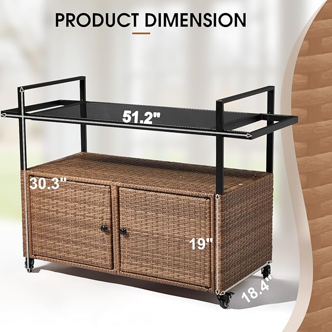 Wicker Outdoor Serving Cart with Storage and Wheels - Medium Brown