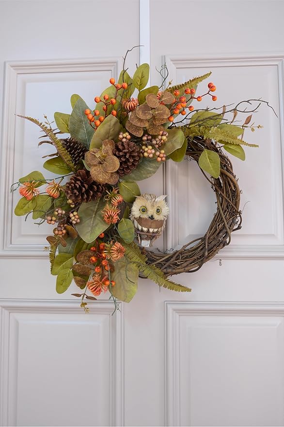 Handcrafted Fall Owl Wreath with Natural Pine Cones, Faux Eucalyptus, Magnolia Leaf, and Berries - 24 inch