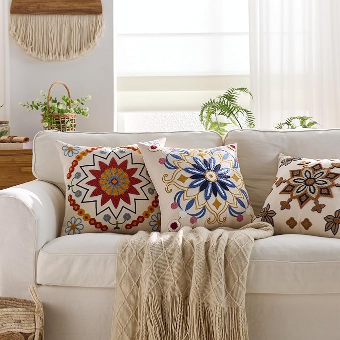 Red Floral Boho Embroidered Throw Pillow Cover - 18x18