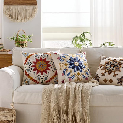 Red Floral Boho Embroidered Throw Pillow Cover - 18x18
