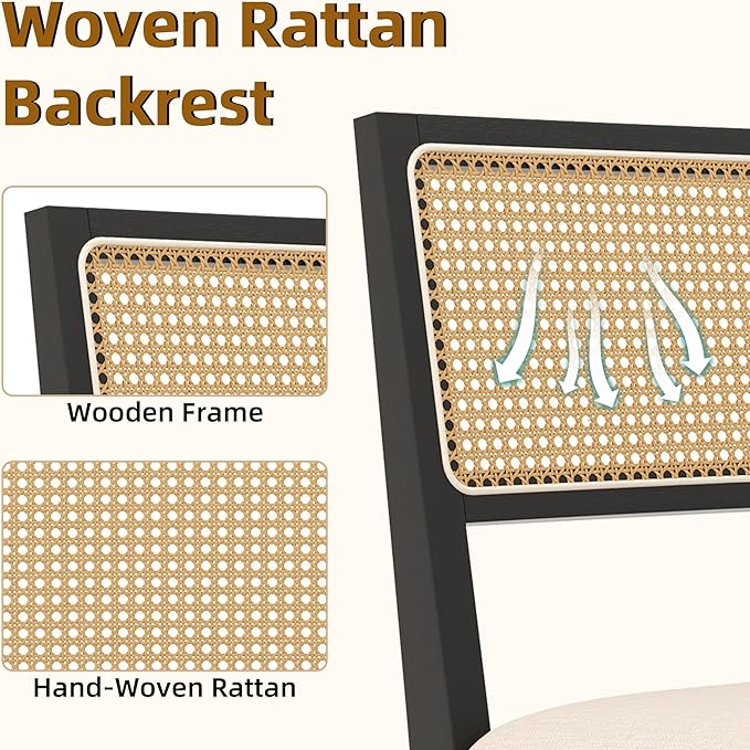 Black Rattan Dining Chairs with Upholstered Cushions - Set of 6